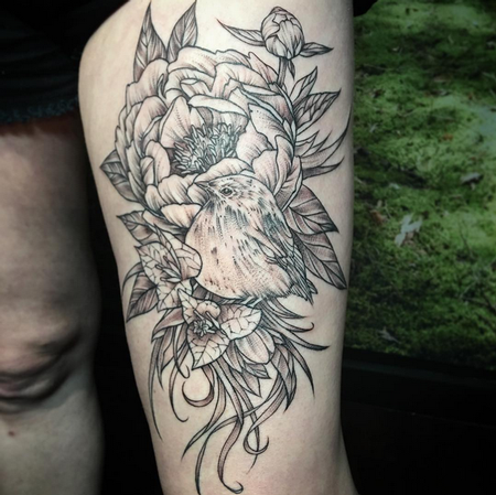 Tattoos - Floral and Realistic Bird on Thigh- Instagram @michaelbalesart - 121908